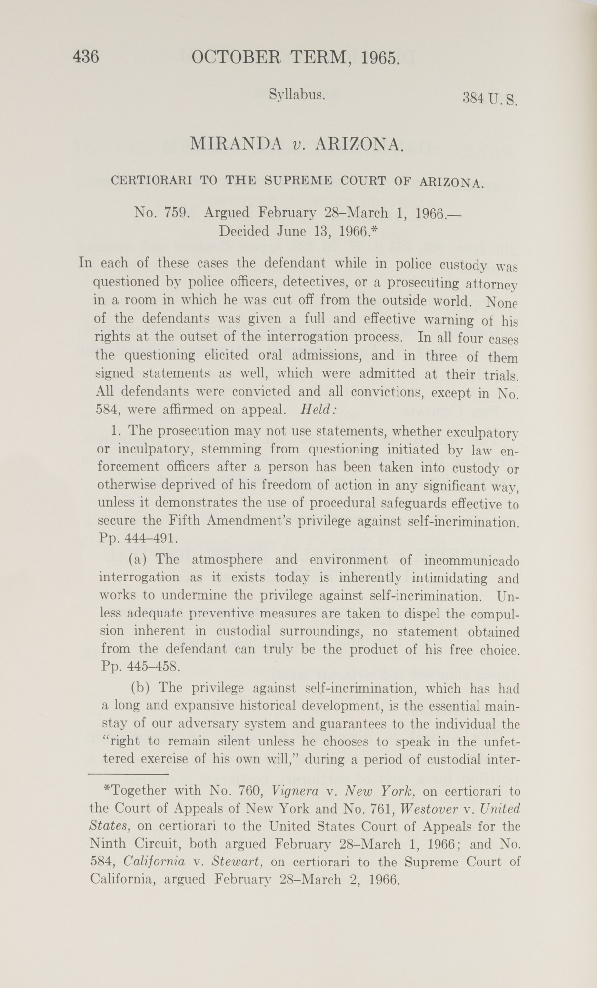 Miranda Court Ruling Miranda v Arizona, 348 US 436 1966 , A Landmark Decision | United ...